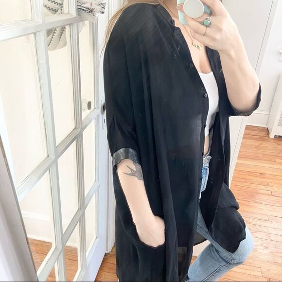 & Other Stories Sheer Short Sleeve Leather Trim Button Down Size Small - Picture 4 of 10